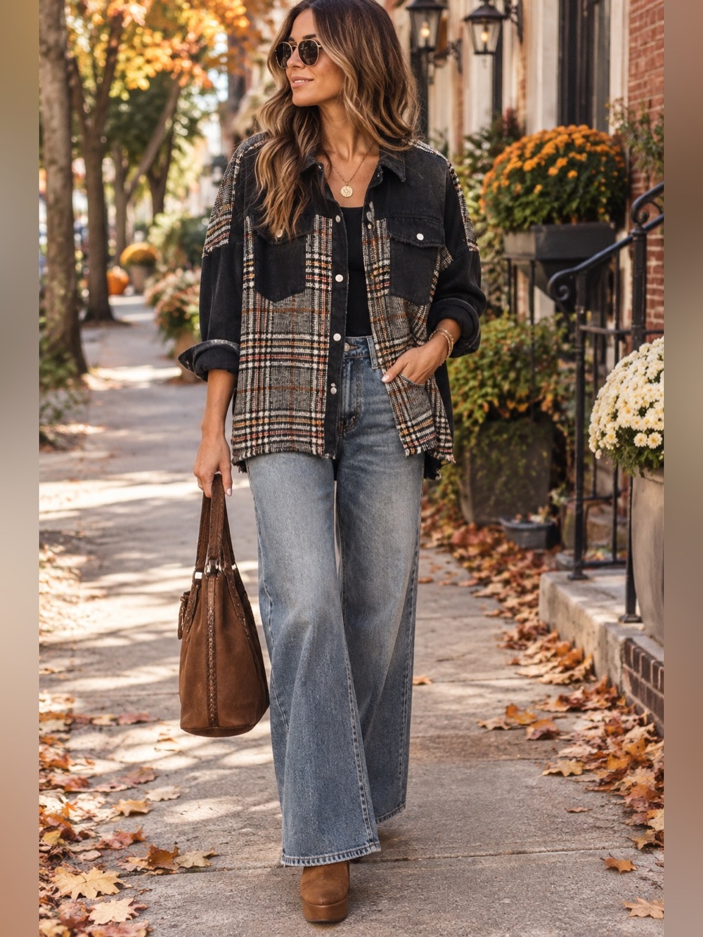 ZARA Black Plaid Mixed Media Oversized Shacket Jacket Size L